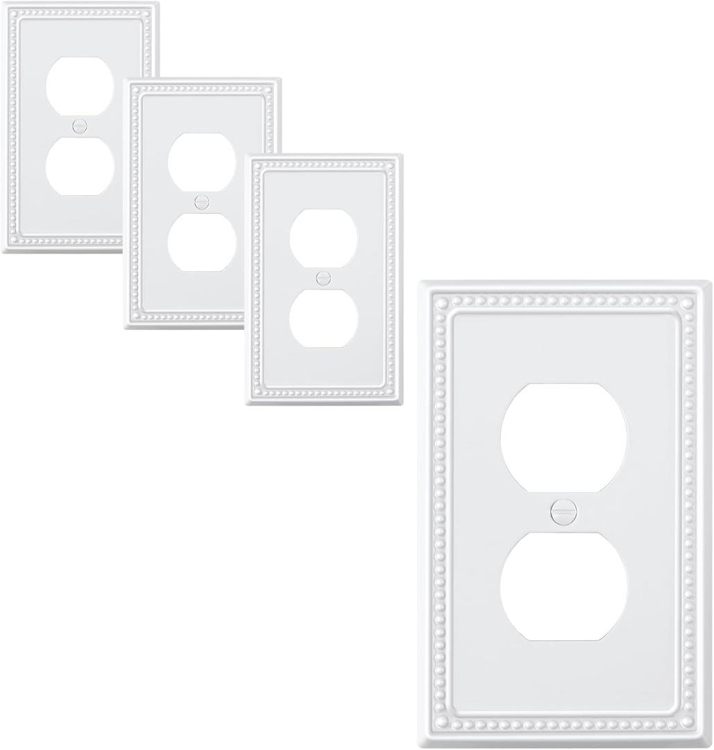 4-Pack Duplex Outlet Cover Plate, Pure White Metal Wall Plates for Electrical Outlets, 1 Gang Receptacle Light Switch Cover, Pearls Decorative Switch Plates and Outlet Covers