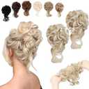 2PCS Messy Bun Hair Piece Tousled Updo with Tendrils Wavy Curly Hair Bun Scrunchies Ponytail Extension Elastic Band Hairpieces For Women (Ash blonde mix Bleach Blonde)