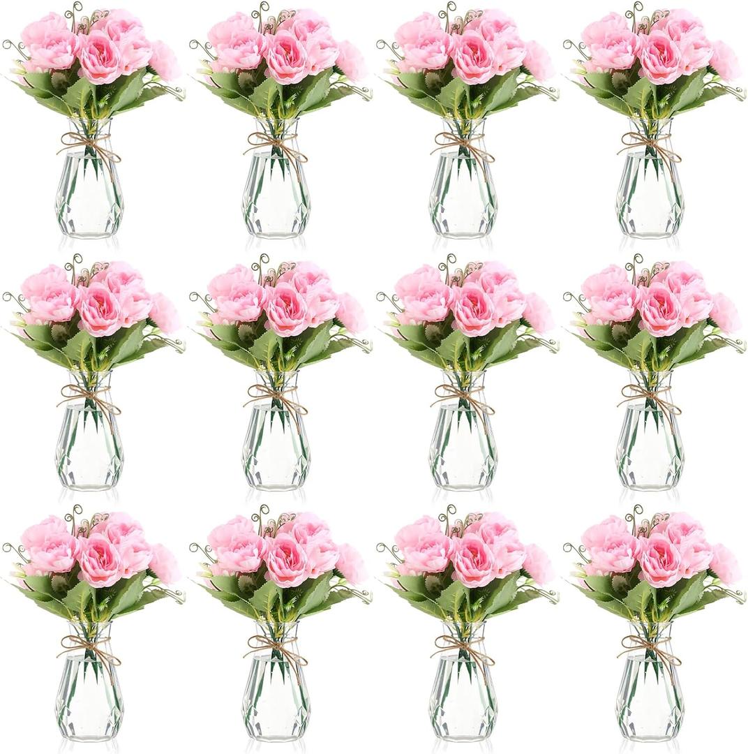 Zeyune 37 Pack Artificial Peonies Flowers with Bud Vase Bulk 24 Bundles Silk Peonies Bouquets 12 Plastic Clear Vase with 1 Rope Fake Flowers for Table Centerpiece Vases(Pink,Perfume)