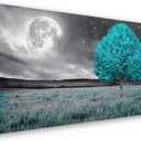 Tree of Life Wall Art Picture Canvas Prints Room Wall Dcor Blue Tree with Full Moon Paintings for Living Room Bathroom Bedroom Home Kitchen Decorations Natural Artwork Wooden Framed 20x40inches