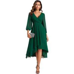 Ever-Pretty Women's Chiffon V Neck Long Sleeves A-Line Midi Length Wedding Guest Dress Cocktail Party Formal Dresses 01926 (Green, M)