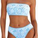 ZAFUL Bikini Set for Women Strapless Textured Bandeau Bikini Two Piece Swimsuit Lace up Bathing Suits, M