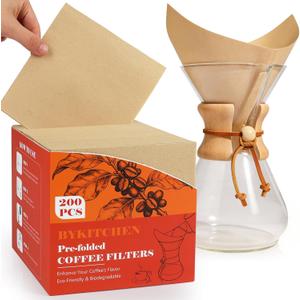 BYKITCHEN 200PCS Unbleached Pour Over Coffee Filter Square, Natural Pre-folded Paper Coffee Filters Disposable for Pour-Over Coffee Maker Drippers and More
