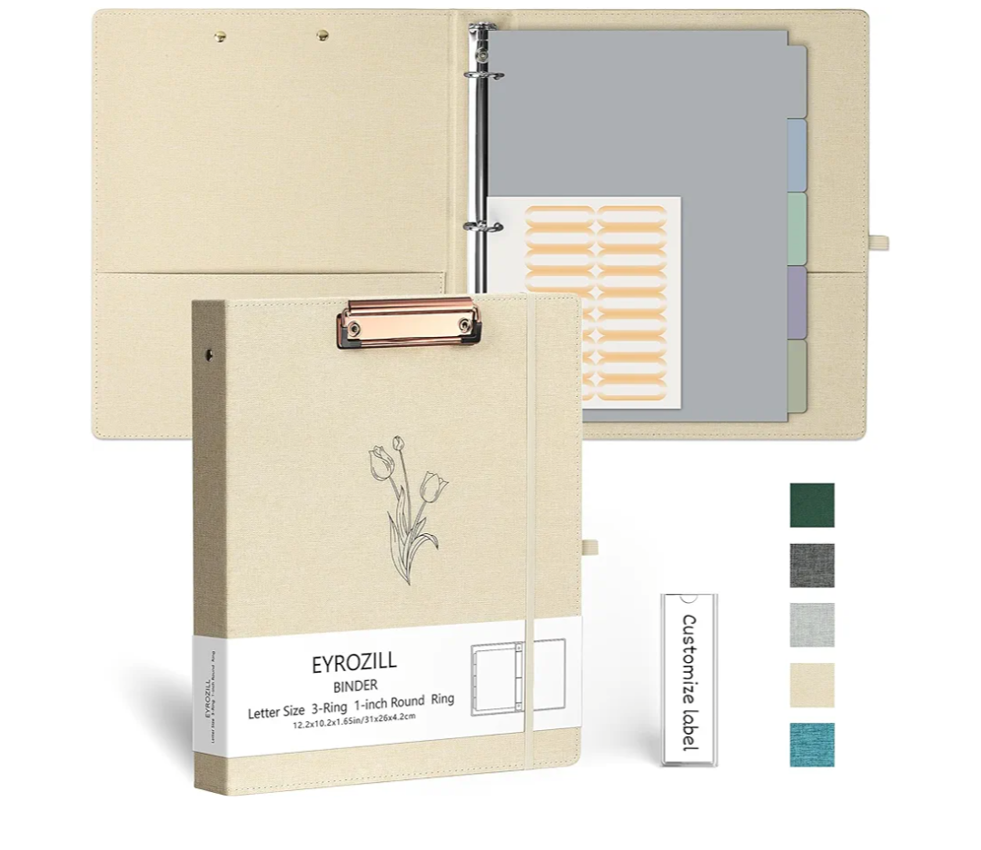 EYROZILL 3 Ring Binder, 1 Inch Linen Binder Organizer for Letter Size (8.5" x 11") with 5 Tab Dividers, File Folder Labels and Low Profile Clipboards, School and Office Supplies- Tulip White