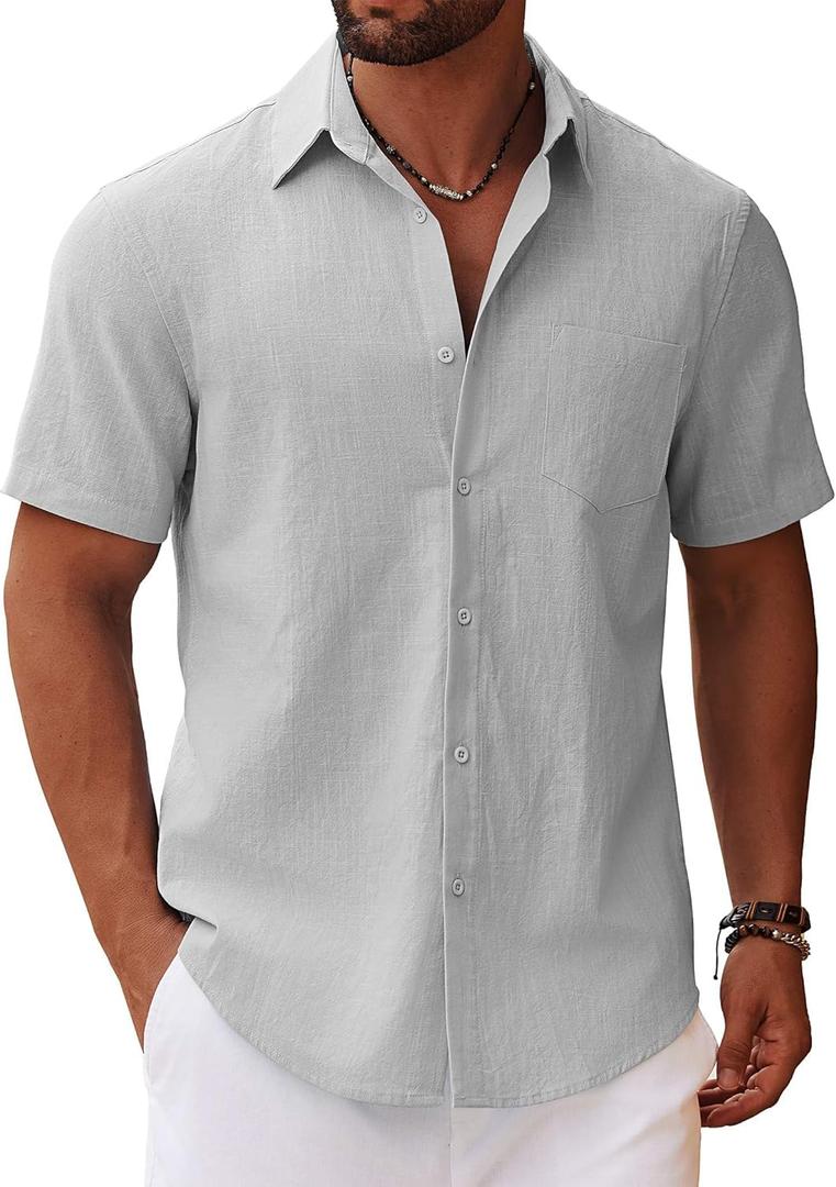COOFANDY Men's Button Down Short Sleeve Shirt Casual Cotton Summer Beach Linen Wedding Shirts with Pocket (Gray, M)