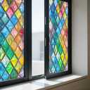 IVN Window Privacy Film Mosaic Diamond Stained Glass Window Film Decorative Static Cling Non Adhesive Removable Reusable Window Cling for Bathroom Shower Windows Anti Glare UV Blocking 17.7x39.3 Inch (Pastel Diamond Grid)