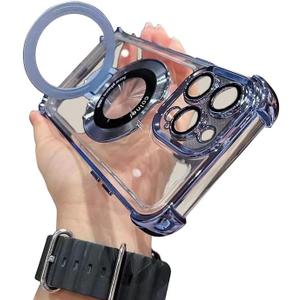 Piegricdiat Magnetic case for iPhone 12 Pro with Full Camera Lens Protection(Compatible with MagSafe),Military Shockproof Slim Electroplate Bumper Clear Cover Built-in Invisible Ring Stand, Blue