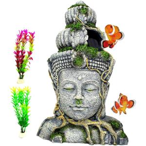PINVNBY Aquarium Buddha Head Statue Decorations, Fish Tank Resin Large Buddha Sculpture Ornament, Betta Hideout Cave Sleep Rest Play for Small Fish Shrimp Lizard Gecko Small Reptile