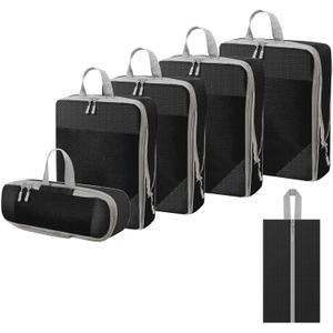 WOOMADA Compression Packing Cubes for Suitcases Travel Essentials 6 Set Rectangle Mesh Expandable Travel Bags Organizer for Luggage (6 Set (1S+2M+1L+1XL+Shoe Bag/Laundry Bag), Charcoal)