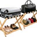 Luggage Rack Set of 2, Folding Luggage Rack for Guest Room,Suitcase Stand with Storage Shelf, Bamboo Luggage Stand