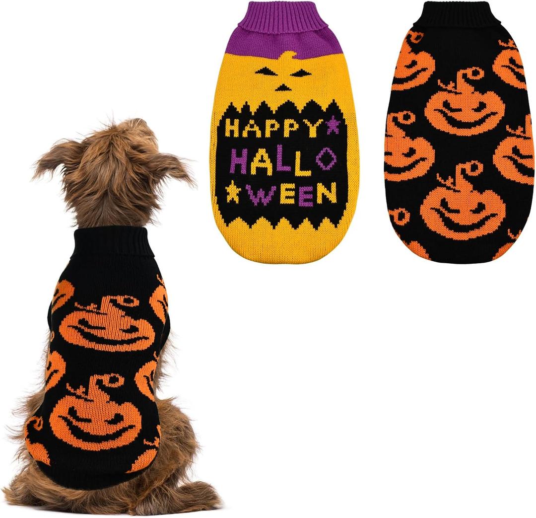 Vehomy 2Pcs Dog Cat Halloween Sweaters Dog Pumpkin Sweater Dog Cat Pumpkin Turtleneck Knitwear Shirt Dog Puppy Halloween Costume Clothes for Small Medium Dogs Cats XL