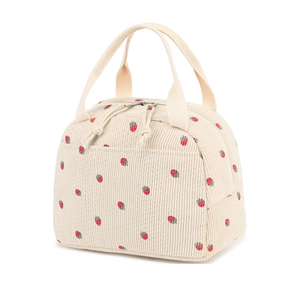 KUBYA Lunch Box for Women, Cute Strawberry Corduroy Insulated Lunch Bag Women Reusable Work Leakproof Simple Adults Large Lunch Boxes Tote Bag Men Cooler Bag