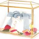 12.6" Glass Card Box Wedding Card Box with Lock for Wedding Reception Cosmetic Home Decor, Handmade Large Geometric Terrarium with Hinged Lid, Brass Frame - (Golden/Roof)