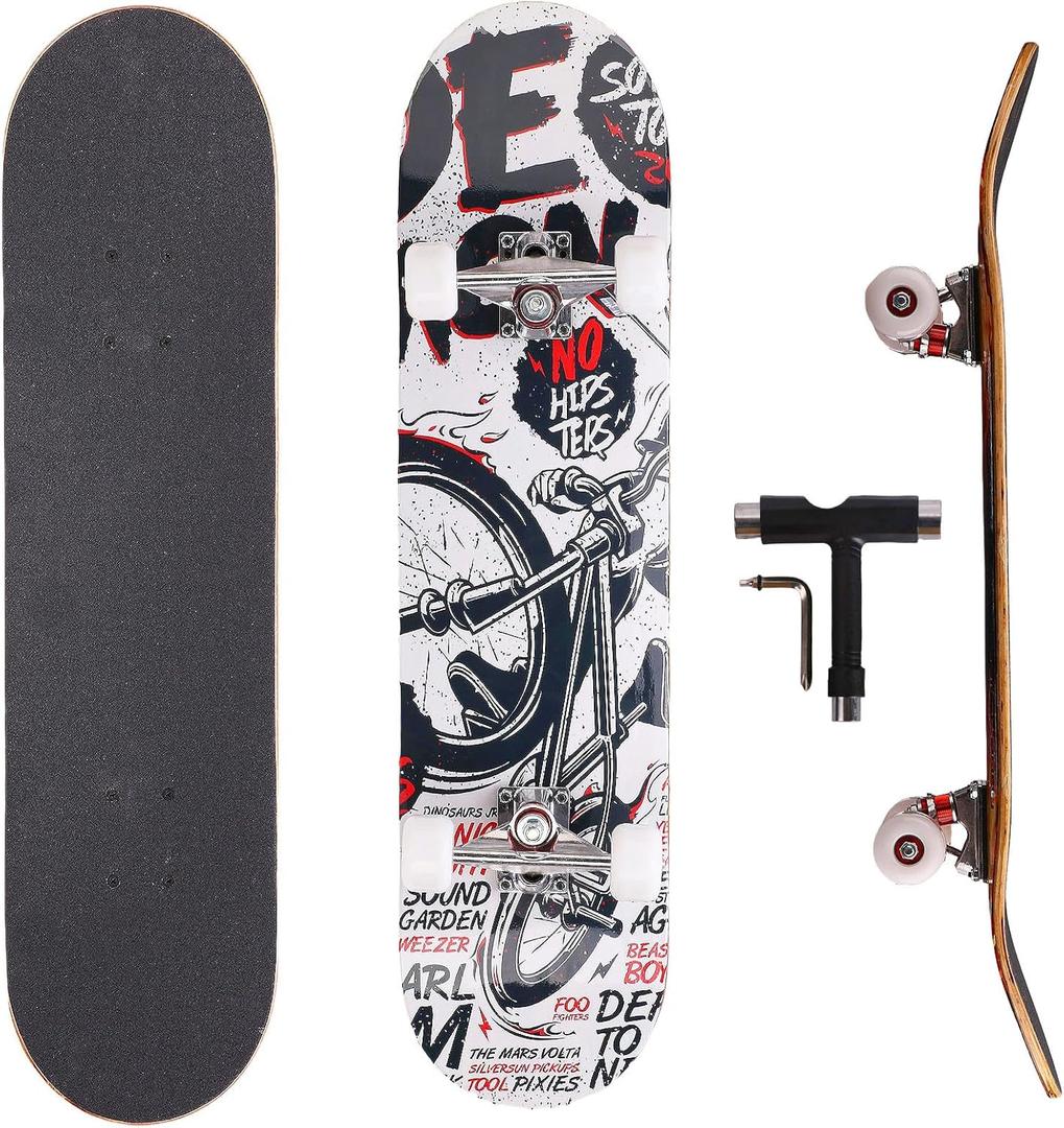 Professional Double Kick Skateboard, 31 inch Maple Deck, ABEC-9 Bearings, 95A PU Wheels