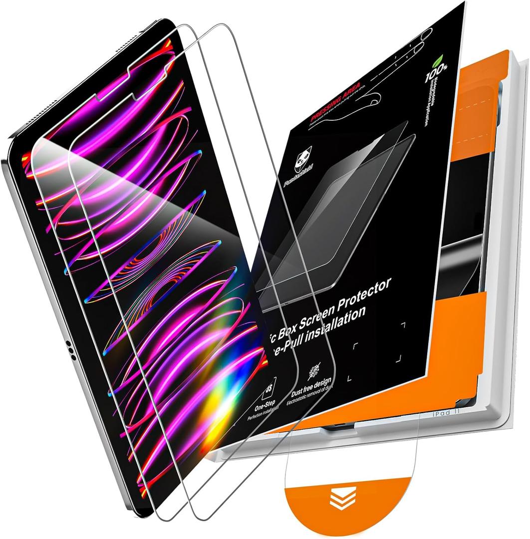 PandaShield 2 Pack for iPad Pro 11"(4th 3rd 2nd 1st Gen) iPad Air 10.9"(5th 4th Gen) 9H+ Tempered Glass Screen Protector with Easy-Install[12FT Grade Shatterproof] Apple Pencil Compatible,HD Clarity