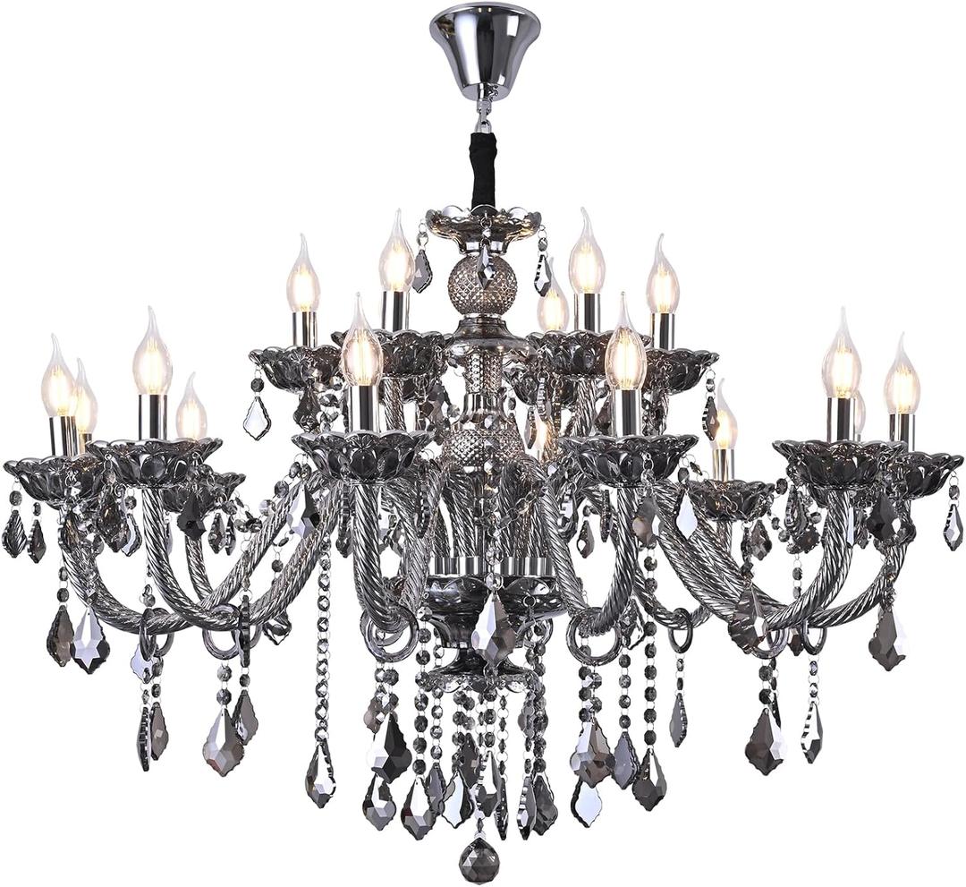 Modern Luxury K9 Crystal Chandelier 18 Light Large Smoky Gray Crystal Chandelier Lighting 39.5" E12 Crystal Pendant Light Fixtures for Living Room, Stair,Store (Double Layer 12+6 Lights)