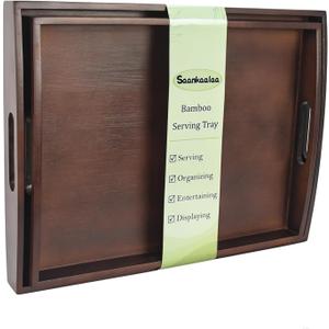 Bamboo Serving Tray with Handles, Set of 2 Large Wood ServingTrays for Food & Coffee, Elegant Wooden Tray for Breakfast in Bed, Kitchen & Party - Black Walnut Finish