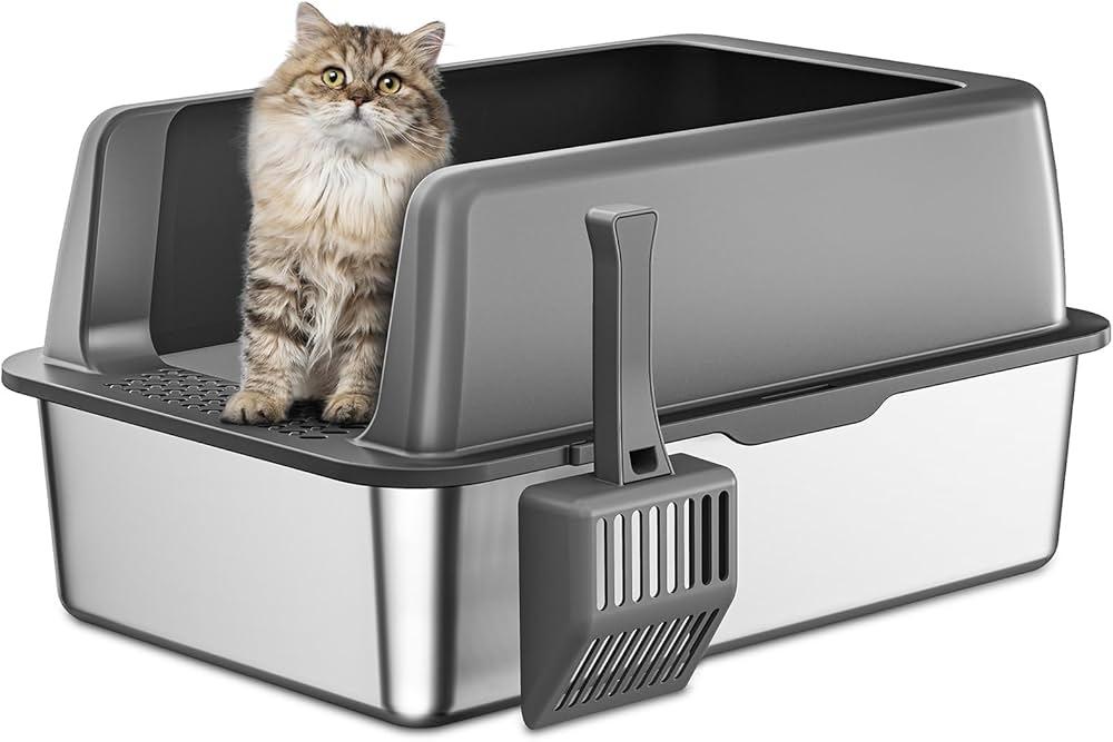 High-Sided Stainless Steel Cat Litter Box,Stainless Steel Litter Box with Lid,Extra Large Litter Box,Easy-to-Clean Metal Litter Pan for Cats 25" x 15"