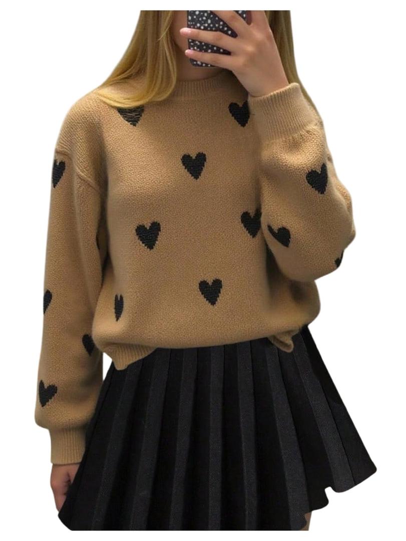 RoseSeek Girl's 2 Piece Cute Outfits Heart Long Sleeve Knit Sweater and Pleated Skirts Preppy Trendy Fall Winter Clothes Brown 12 Years