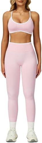 ABOCIW Womens 2 Piece Workout Sets Seamless Color Block Sports Bra Scrunch Butt Lifting High Waist Leggings Gym Set, Small