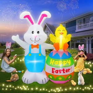 6FT Easter Inflatables Bunny & Chick Sitting on Easter Egg Decoration, Easter Blow up Yard Decoration Rabbit and Chicken Inflatable Built-in 4 LED for Easter Party Indoor Outdoor Lawn Decor