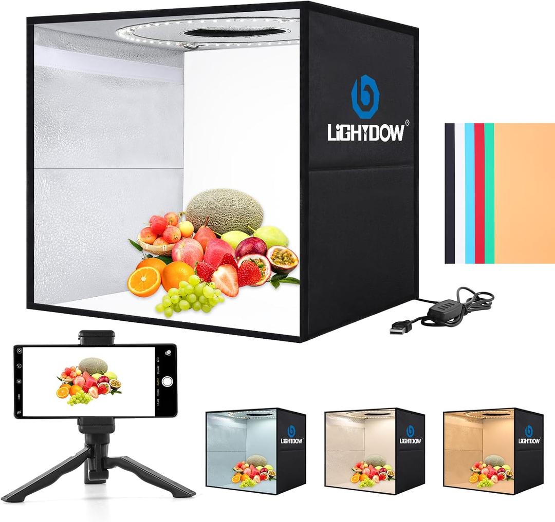 Lightdow 12"x12"x12" Photo Studio Light Box Photography with Desktop Tripod & 120 LEDs (CRI>95), 6 Backdrops - Portable/Dimmable Folding Shooting Tents for Toys/Jewelry/Watches/Cosmetics (Black)