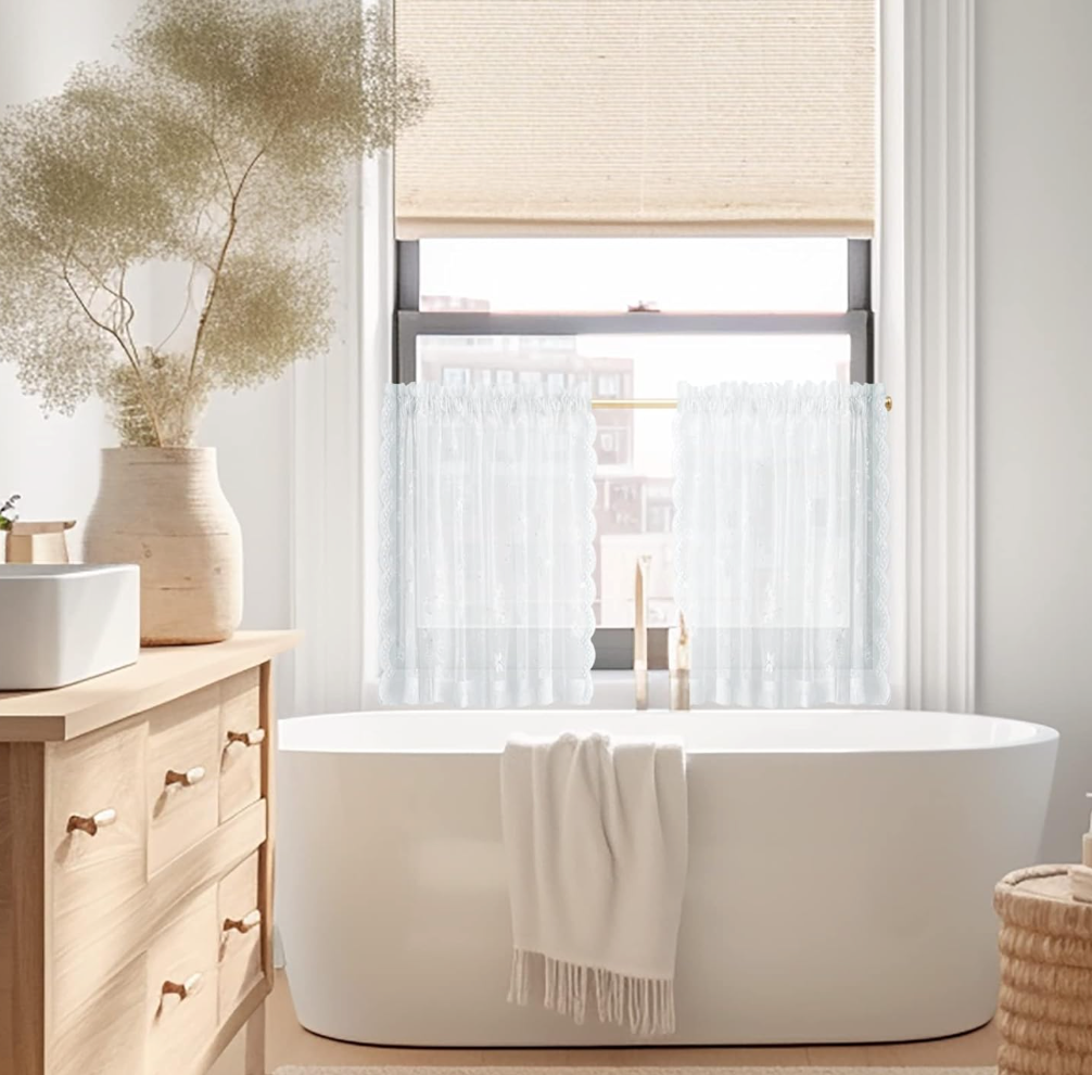 WestWeir Black Lace Curtains - Sheer Lace Curtains with Scalloped Edges, Pearls Dcor Vine Floral Pattern, Light Filtration & Easy Maintenance for Bedroom, Living Room, Halloween, 55 x 63 Inch Length