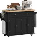 HOMCOM Kitchen Island Cart with Rubber Wood Top, Rolling Kitchen Island Table on Wheels with Drawers, Adjustable Shelves, Spice Rack and Towel Rack for Dining Room, Black