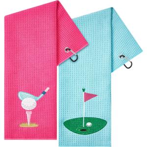 2 Pieces Funny Golf Towel Microfiber Embroidered Ball Towels for Women Ball Bags with Clips Accessories Waffle Pattern for Mother Golf Fan Birthday Gifts(Hot Pink Blue,Elegant Style)