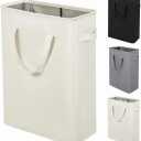 Slim Laundry Hamper With Handles Collapsible Laundry Basket Thin Dirty Clothes Basket Narrow Laundry Bag Foldable Dirty Clothes Hamper 45L (24inches,Beige), 15 X 8 X 24 Inches