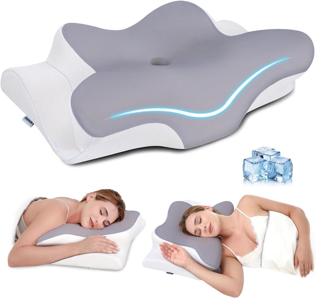 Cervical Neck Pillow, Memory Foam Pillows for Neck & Shoulder Pain Relief, 2 Heights Ergonomic Pillow with Breathable Ice Silk Cover, Neck Support Pillow for Stomach Sleepers Grey