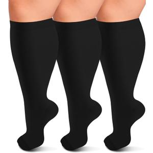 3 Pack Wide Calf Compression Socks for Women & Men, Plus Size Knee High Stockings for Circulation Support, Black L/ XL