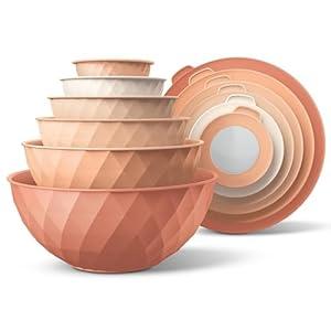 COOK WITH COLOR Mixing Bowls with Lids - 12 Piece Plastic Nesting Bowls Set includes 6 Prep Bowls and 6 Lids, Diamond Design - Microwave Safe, Orange