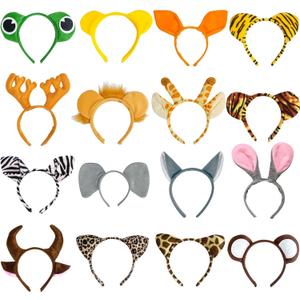 16Pcs Jungle Animal Ears Headbands as Safari Party Favors Wild One Birthday Decorations Plush Animal Headpiece for Kids Adults