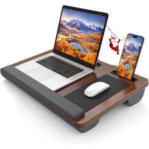 Laptop Lap Desk, Portable Large Laptop Desk for Bed, Up to 17 in Lap Table with Wrist Rest, Mouse Pad, Tablet Phone Slot, Portable Handle, Lap Tray with Cushion (Dark Brown) (Large 21.6513.4in)