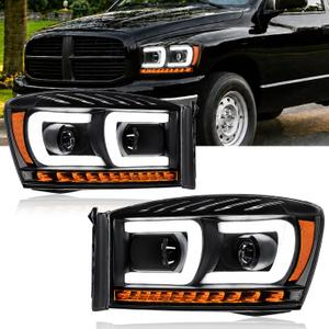 Fullux LED DRL Headlights Assembly for 2006-2008 Dodge Ram 1500 | for 2006-2008 Ram 2500 3500 Replacement Headlamp w/Running Light Bar Black Housing Amber Reflector