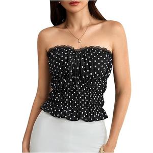 WDIRARA Women's Polka Dots Tube Crop Top Bow Ruffle Hem Y2k Bandeau Tops, XSmall