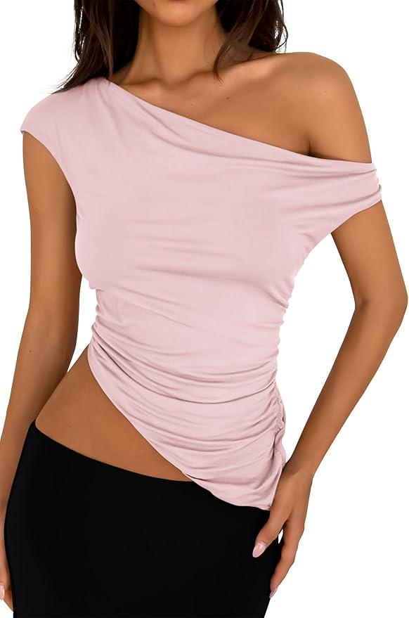PRETTYGARDEN Womens 2025 Summer Off The Shoulder Crop Cute Tops Sleeveless One Shoulder Ruched Y2K Going Out Tank Top (Pink, Large)