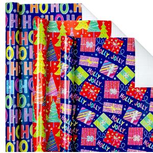 2 x Afucus Christmas Wrapping Paper, Christmas Tree, Holly Jolly, HO Santa Claus Laughing, Gift Box Themed Gift Wrap Paper, Cute Mini Rolls for Party (17 Inch X 120 Inch) (Christmas-Purple Red)