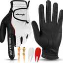 Golf Glove Men Left Hand Premium Leather Grip Soft Breathable Durable Fit All Weather with Golf Tee and Divot Repair Tool