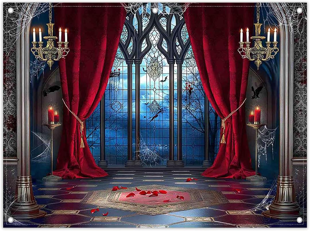 8x6ft Fabric Halloween Vampire Medieval Castle Backdrop Gothic Window Red Curtain Bats Photography Background Haunted House Party Decor Photo Props