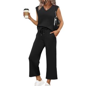 SAMPEEL Two Piece Sets for Women Summer Vacation Travel Outfits Business Casual Outfits Matching Sets Women Clothing (Black, M)