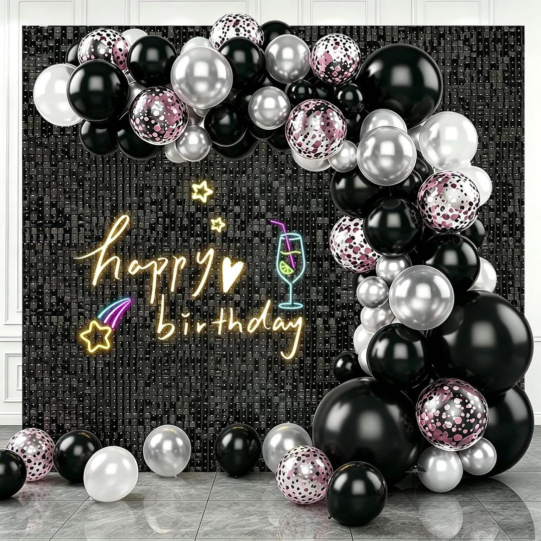 Black Shimmer Wall Backdrop,Shiny Sequins,48Pcs Sequins Backdrop Panels,Glitter Bling Photo Background for Birthday Party Wedding Engagement Anniversary Graduation (Each 1FT, Total 48FT)