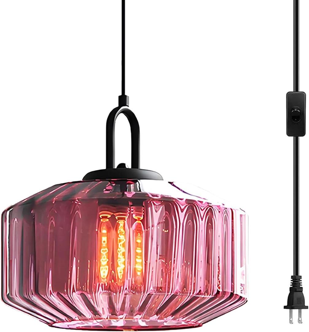 Vintage Plug-in Pendant Light, Striped Glass Shade & Black Metal Socket, E26 Hanging Lamp with 14.7Ft Adjustable Cord, Linging Fixture for Bedroom, Kitchen Island, Dining Room (Purple)