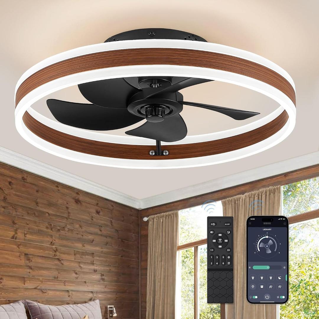 LEDIARY Low Profile Ceiling Fans with Lights, Flush Mount Modern Ceiling Fan and Remote Control, 19.7" LED Ceiling Fans, Stepless Dimmable 3 Colors and 6 Speeds - Walnut