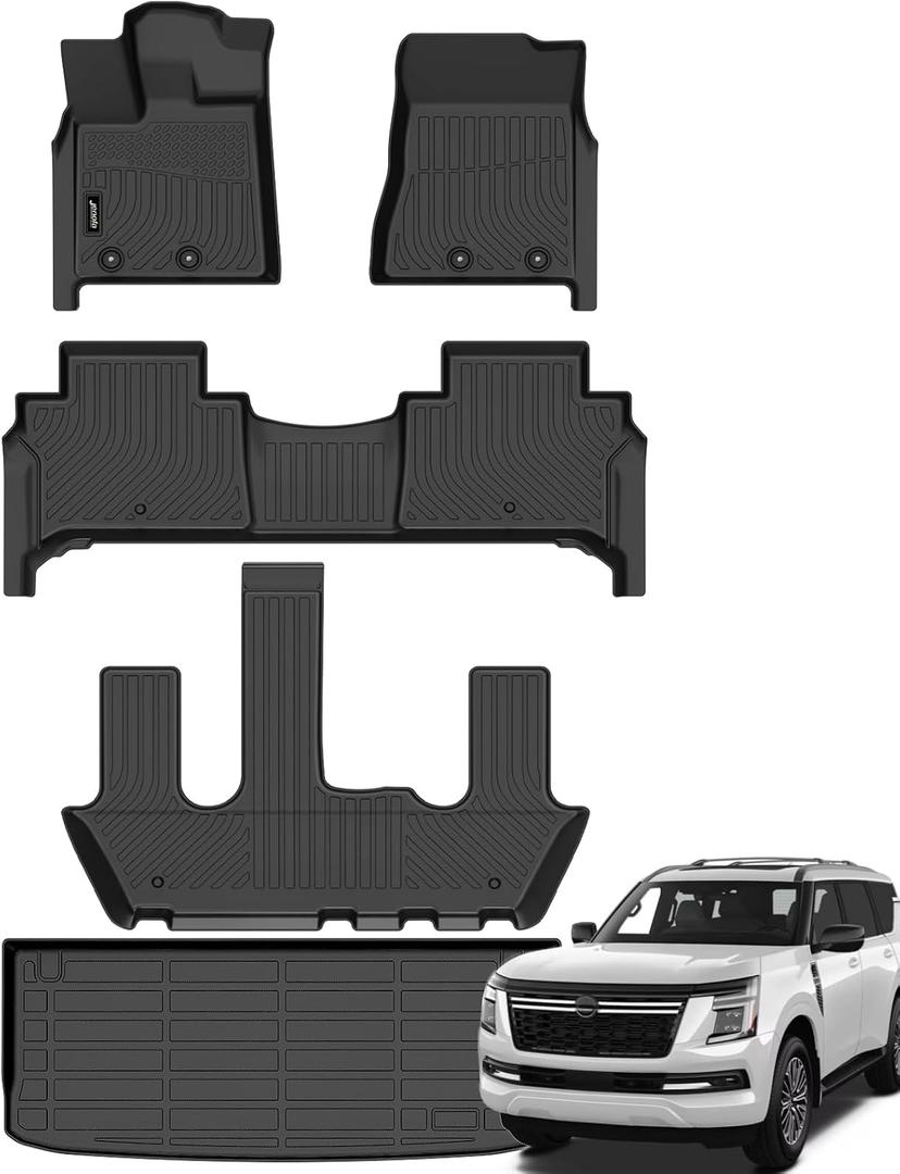 Jenofa-Floor Mats for Nissan Armada & Infiniti QX80 2025 2026 7-Seater Car Mats Cargo Mat Fit 2025 Armada Bucket Seat All Weather Non-Slip Waterproof Durable Rubber Floor Liner Accessories Full Set
