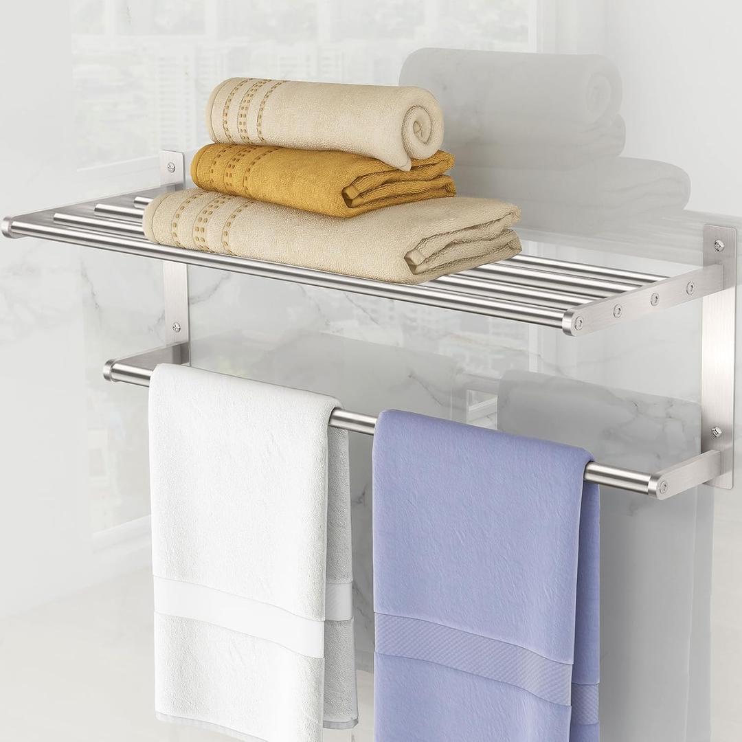 Towel Racks for Bathroom, 2 Tier Bathroom Shelf with Towel Bar, 24 Inch Stainless Steel Towel Rack Wall Mounted, Bathroom Towel Storage Hotel Towel Rack with Shelf, Brushed Nickel