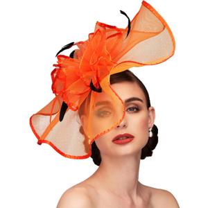TS Fascinators Hat with Mesh Feather Hair Clip Tea Party for Wedding Cocktail Party Halloween Special Occasion Orange