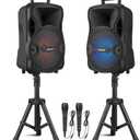 Portable Dual 8-Inch PA System DJ Speaker with Stands, Wireless Karaoke Sound System for Indoor Outdoor Events, TWS/AUX/USB Black
