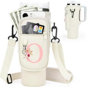Initial Water Bottle Holder with Strap for Stanley Cup Accessories 40 oz Tumbler/Simple Modern Tumbler Bag, Water Bottle Carrier Bag with Strap for Men Women Gift Hiking, Travel, Camping, Walking Gym